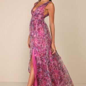 Lulus Garden Romance Magenta Floral Print Organza Maxi Dress Pink - Size L